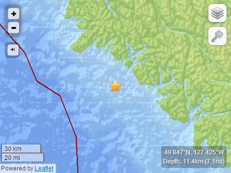 加拿大西海岸海域发生6.7级地震 震源深度11千米