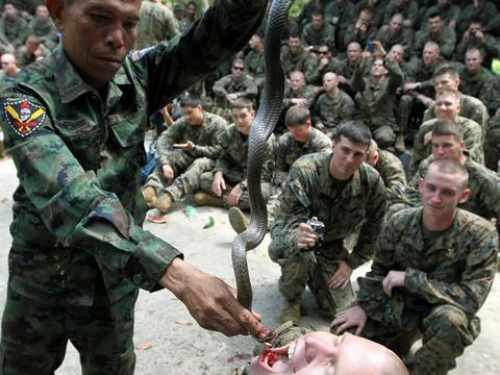 美国士兵参加丛林生存训练 菇毛生饮蛇血