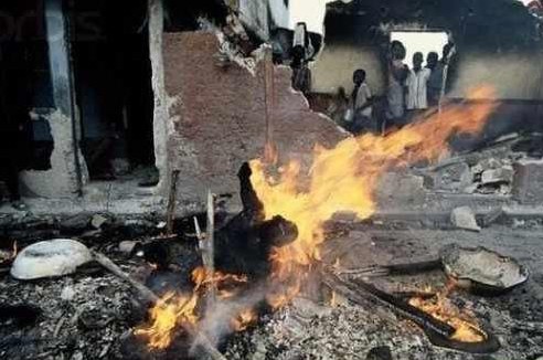 图片中被焚尸的是老杜瓦李艾组建的特务性质的准军事组织Tonton Macoutes成员，这个组织在杜瓦李艾1986年流亡后依然忠于他，不断制造恐怖暴力事件，甚至持续到2000年。