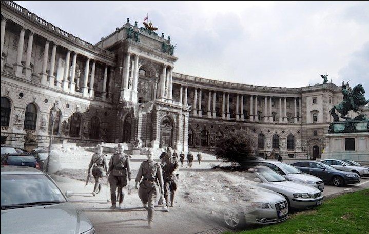 俄国摄影师 Sergey Larenkov 回到了二战时期照片上所记录的地点，拿起相机重新拍摄了一遍。