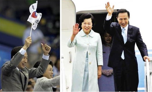 左：2008年韩国总统李明博和他的夫人金润玉在北京观看奥运会比赛。右：李明博携夫人金润玉访华走下飞机。